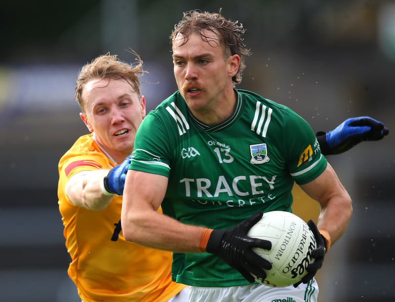 Antrim's Cathal Hynds tackles Fermanagh's Ultán Kelm of Fermanagh during last year's Tailteann Cup quarter-final. Photograph: Leah Scholes/Inpho