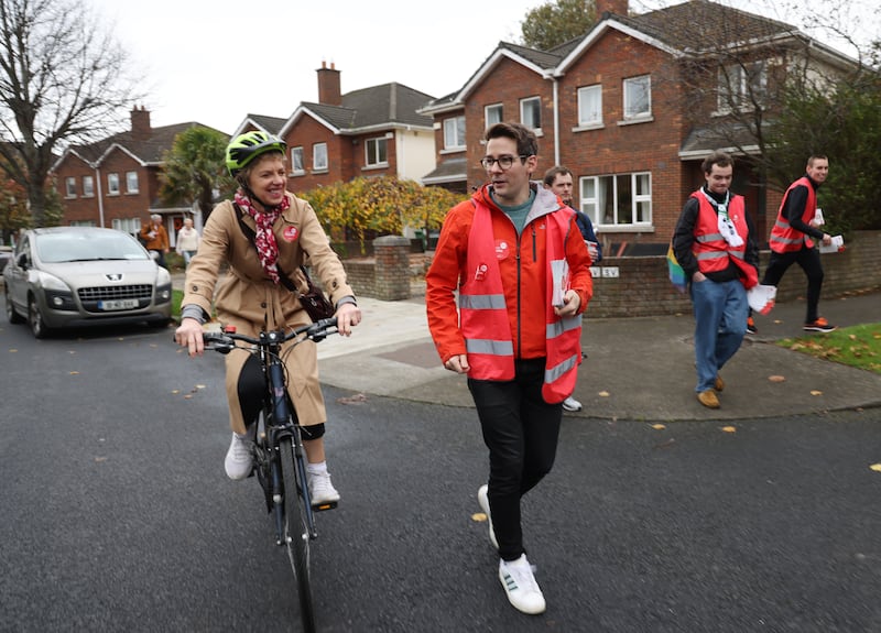 Bacik and Dublin South West candidate Cllr Ciarán Ahern canvassing in Kimmage on Saturday. Photograoh: Bryan O’Brien