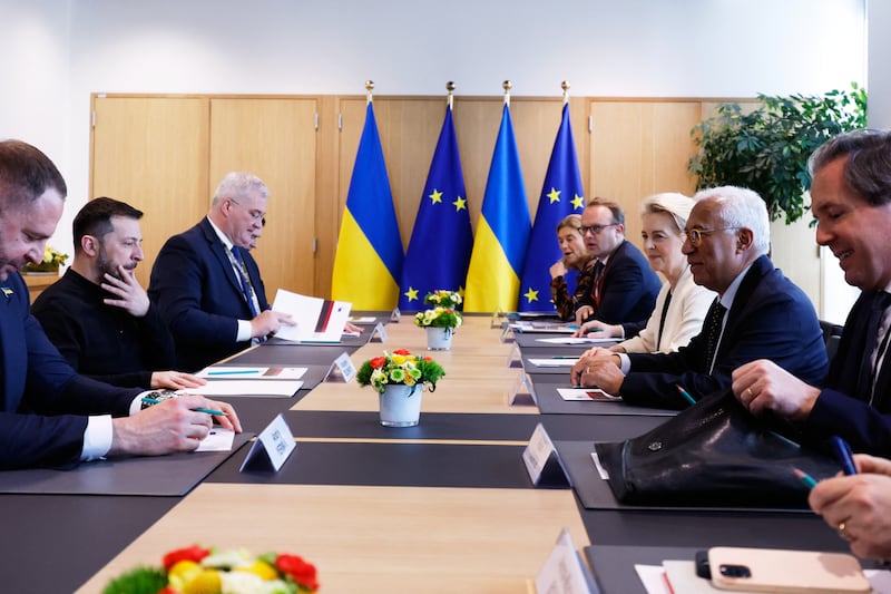 Leaders of the EU’s 27 countries joined by Ukrainian president Volodymyr Zelenskiy at a summit in Brussels. Photograph: Geert Vanden Wijngaert/AFP