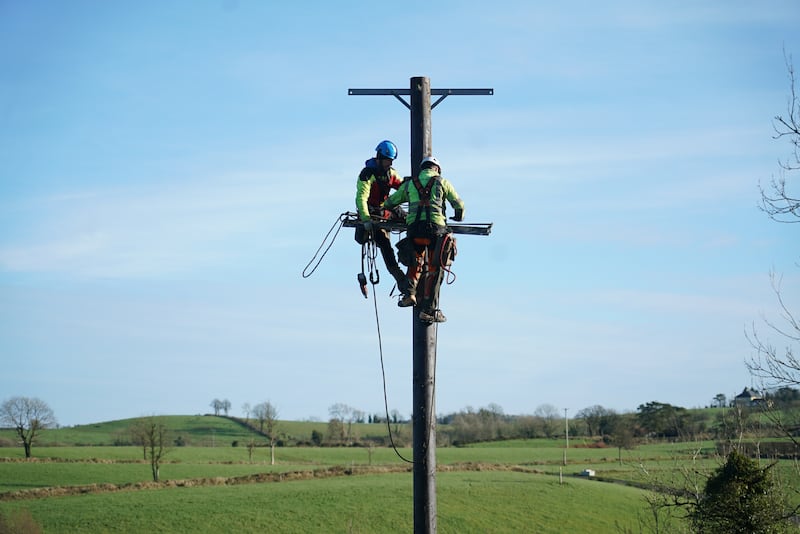 Austrian technicians work to reconnect ESB lines in Carcagh, Co Cavan. Photograph: Enda O'Dowd/The Irish Times