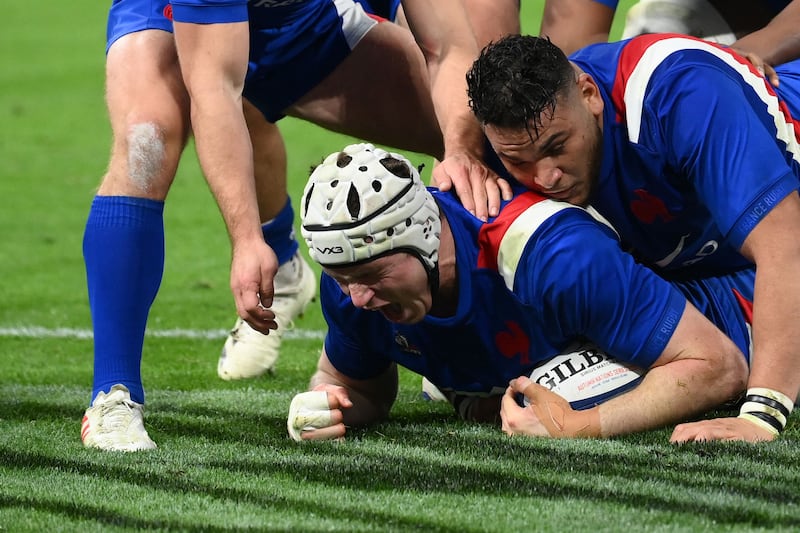 Thibaud Flament scores a try during a Test match between France and Argentina at the Stade de France in November 2021. Photograph: Franck Fife/AFP via Getty Images