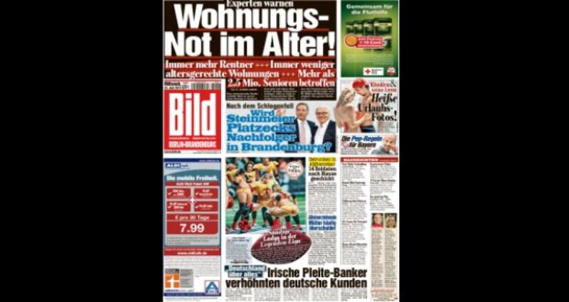 The front page of Germany’s  best-selling Bild tabloid today with a headline saying: ‘Irish broke bankers mock German customers — Deutschland Über alles’.