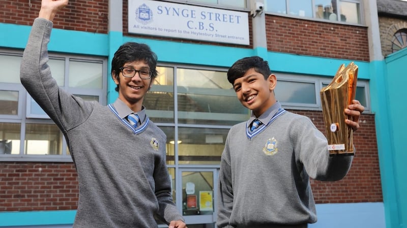 The winners of the 2022 BT Young Scientist & Technology Exhibition,   Aditya Joshi, aged 15 (left) and Aditya Kumar, aged 16 (right),  students at  Synge Street, Dublin, took  home the top prize for a project entitled A New Method of Solving the Bernoulli Quadrisection Problem. Photograph:  Chris Bellew / Fennell Photography