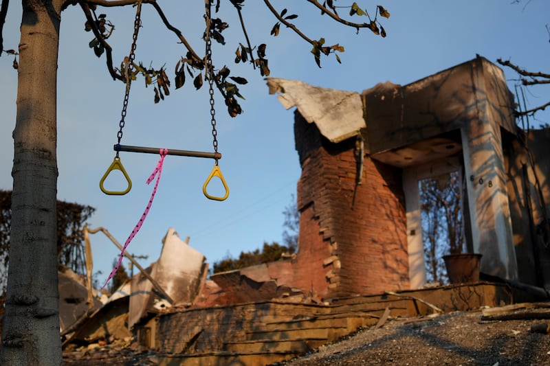 A swing hangs from a tree in front of a fire-damaged residence in the aftermath of the Palisades fire. Photograph: Eric Thayer/AP