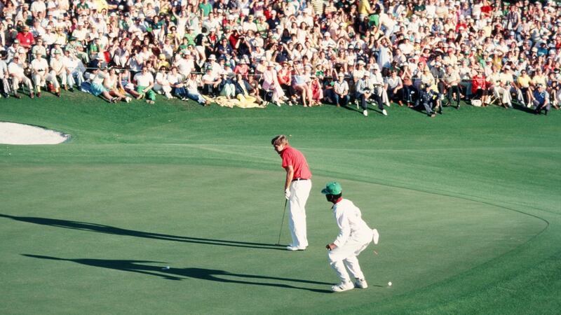 Ed Sneed watches his missed par putt teeter on the edge of the 18th hole  during final round of the  1979 Masters at Augusta. Fuzzy Zoeller won the subsequent three-man playoff that also inluded Tom Watson. Photograph:  Augusta National/Getty Images