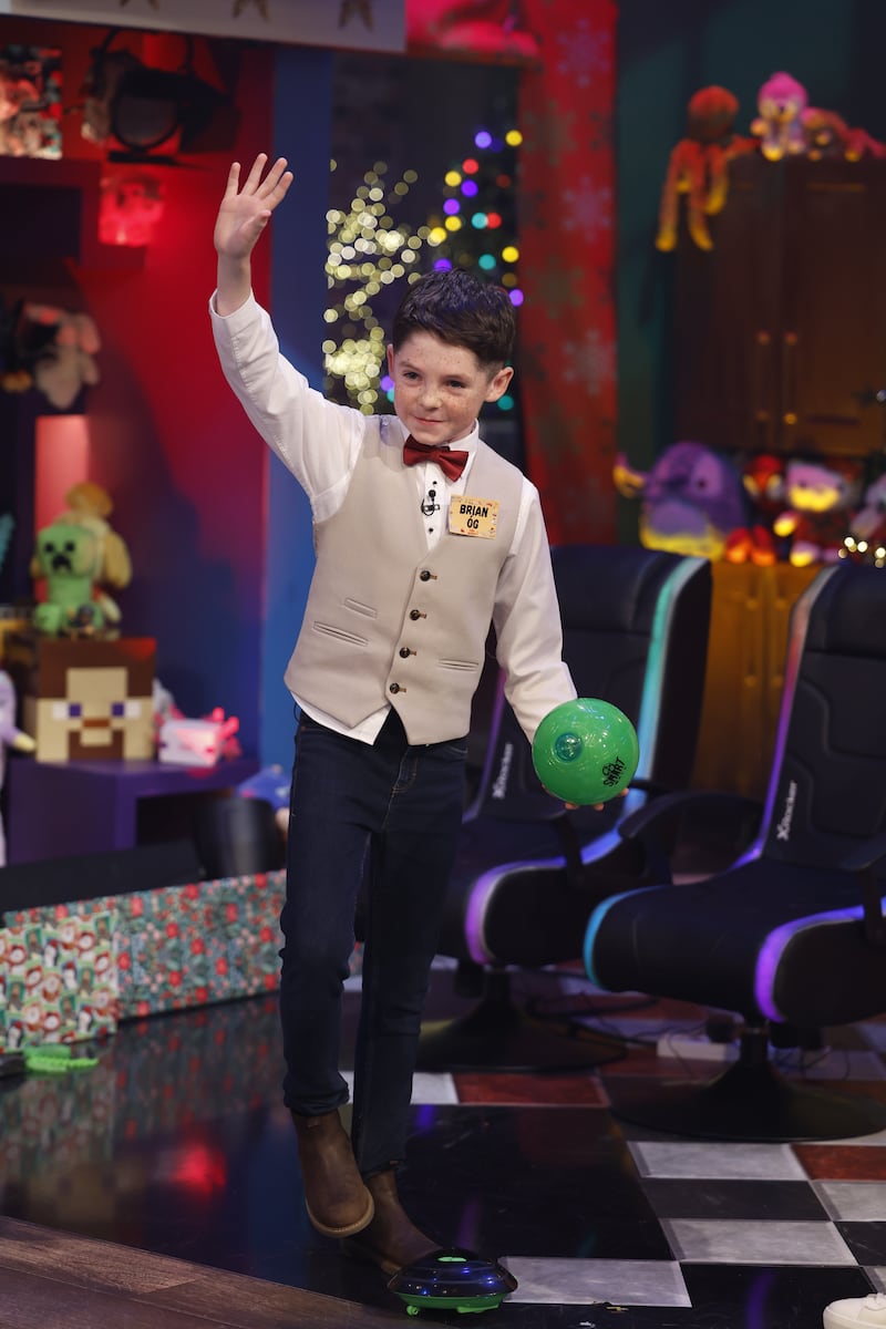 Brian Óg (11) from Tyrone waving to the studio audience at The Late Late Toy Show 2024. Photograph: Andres Poveda