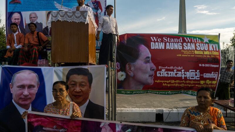 A demonstration organised by a Buddhist monk in support of Aung San Suu Kyi’s handling of the Rohingya crisis in Yangon, Myanmar. Photograph: Adam Dean/The New York Times