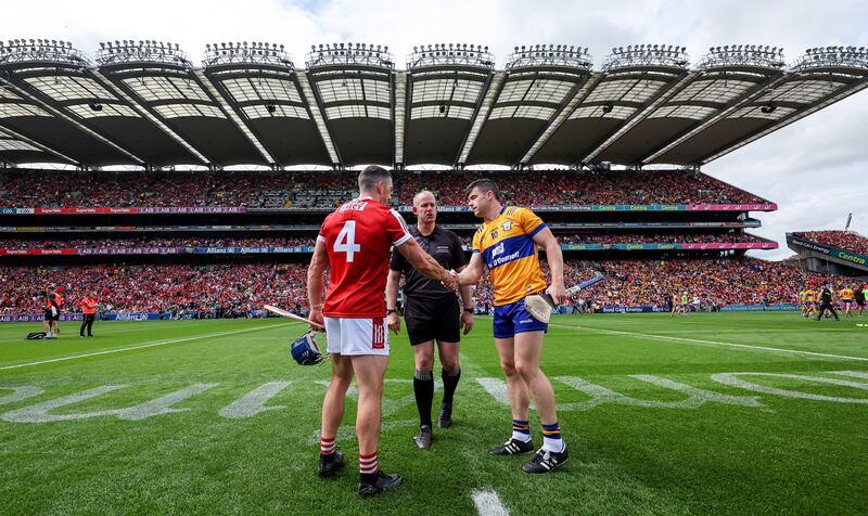 Referee Johnny Murphy, Cork’s Sean O’Donoghue, and Tony Kelly of Clare during the coin toss at this year's All-Ireland hurling final. Photograph: James Crombie/Inpho