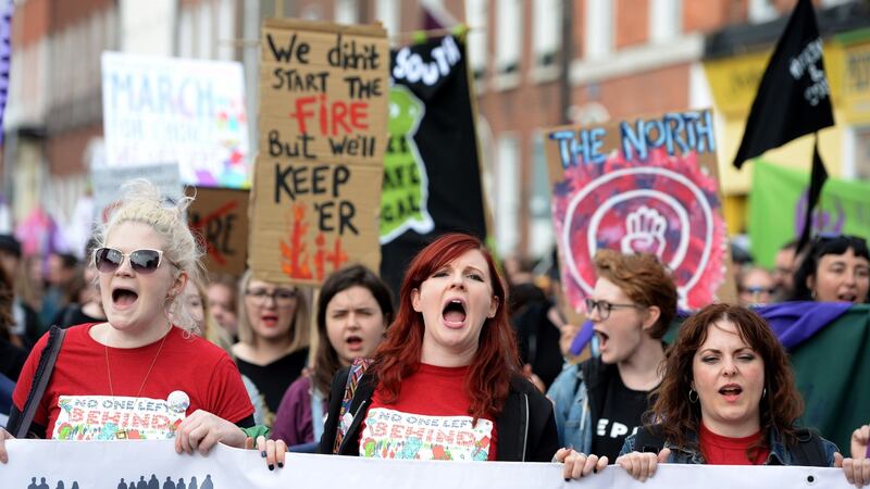 Protesters at the march in Dublin organised by the Abortion Rights Campaign. Photograph: Dara Mac Dónaill