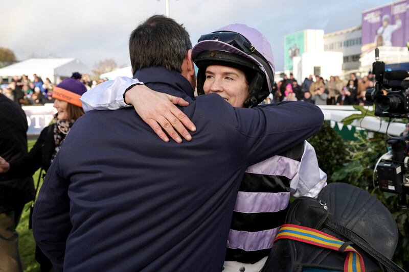 Rachael Blackmore celebrates winning the Beat The Bank.ie Irish EBF Mares Hurdle with trainer Henry de Bromhead. Photograph: Laszlo Geczo/Inpho