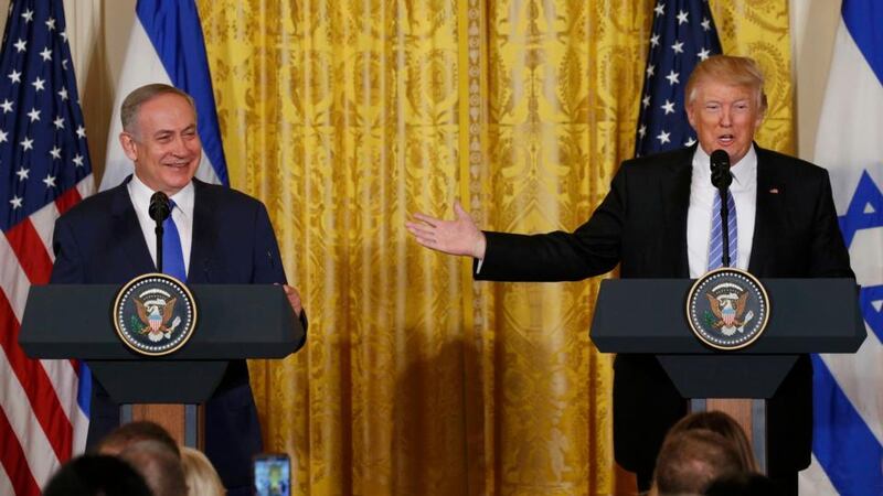 One-state solution?: Binyamin Netanyahu  with Donald Trump at the White House on Wednesday.  Photograph: Kevin Lamarque/Reuters