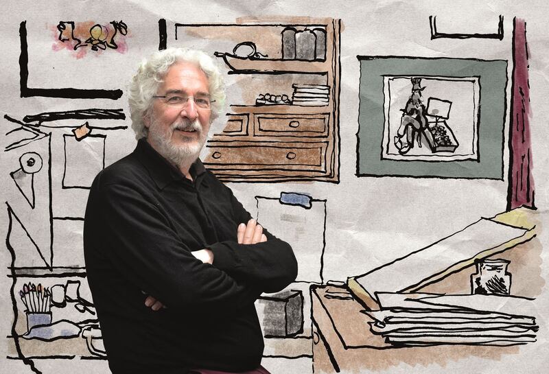 Martyn Turner works from a home studio in Co Kildare. Photograph: Dara Mac Dónaill. Background: Martyn Turner