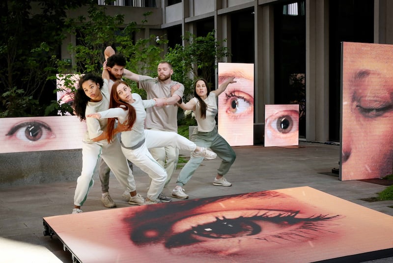 Dancers Ghaliah Conroy, Marion Cronin, Michael McEvoy, Amir Sabra, Emily Terndrup at Kindred, a digital dance installation from Liz Roche and Lightscape. Photograph: Mark Stedman