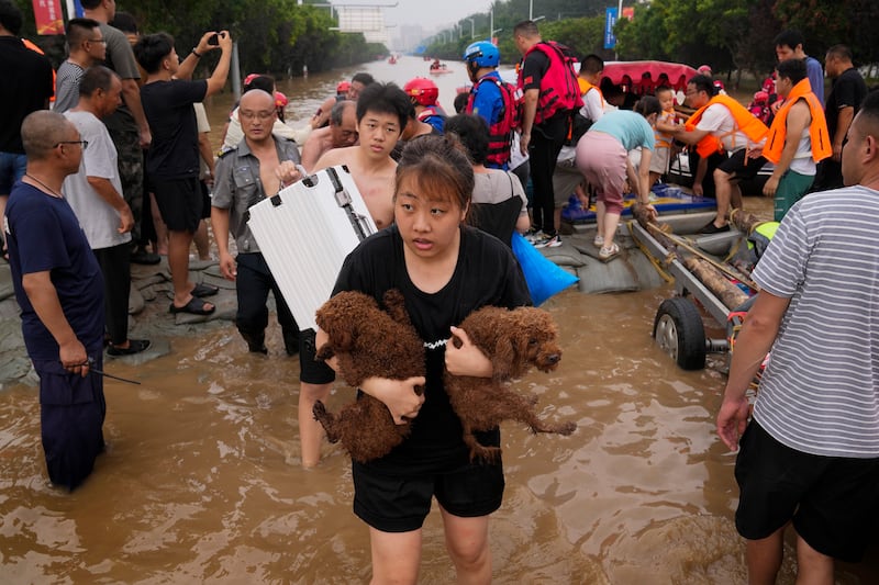 A woman carries her pet dogs as residents are evacuated in Zhuozhou in northern China’s Hebei province. Photograph: AP