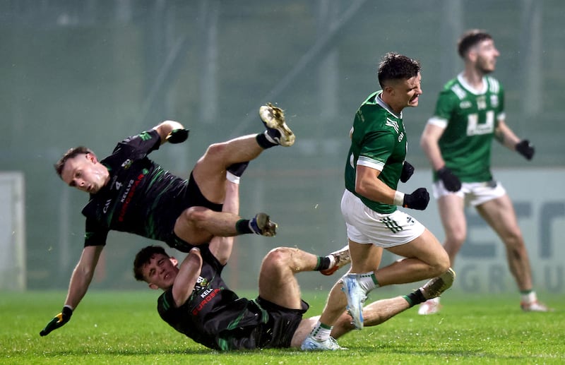 Newbridge's Mark Doherty celebrates scoring the winning point in the Derry Senior Football final against Glen. Photograph: John McVitty/Inpho