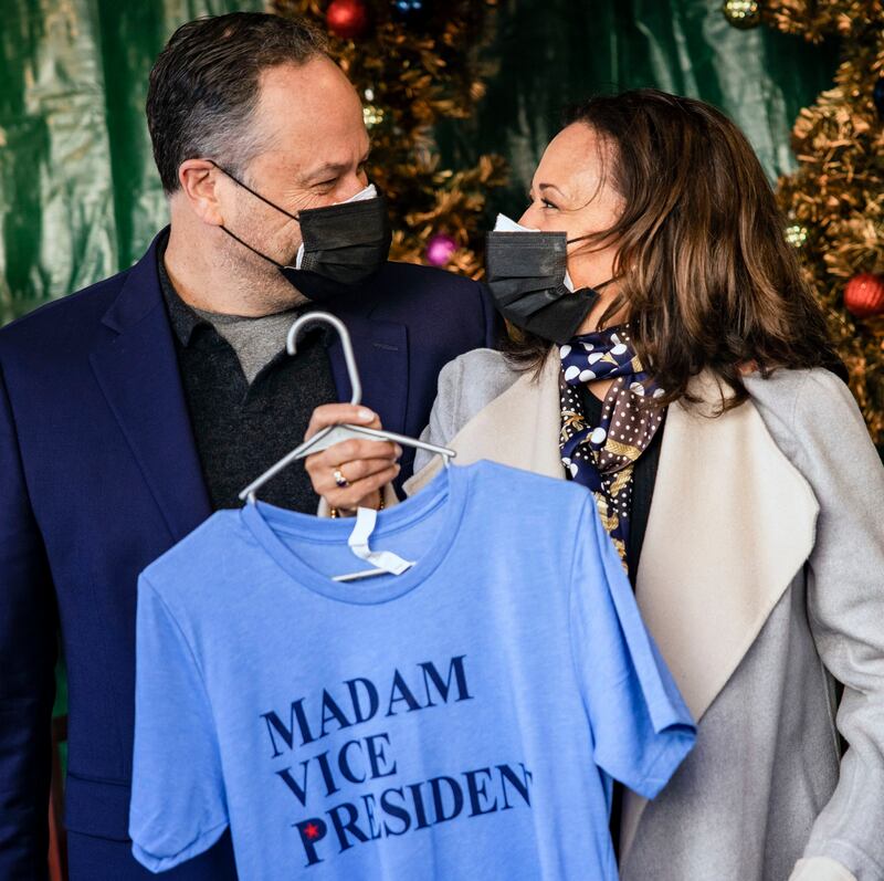 Doug Emhoff and Kamala Harris with a Madam Vice President T-shirt in a shop  in Washington, DC, last year. Photograph: Samuel Corum/New York Times