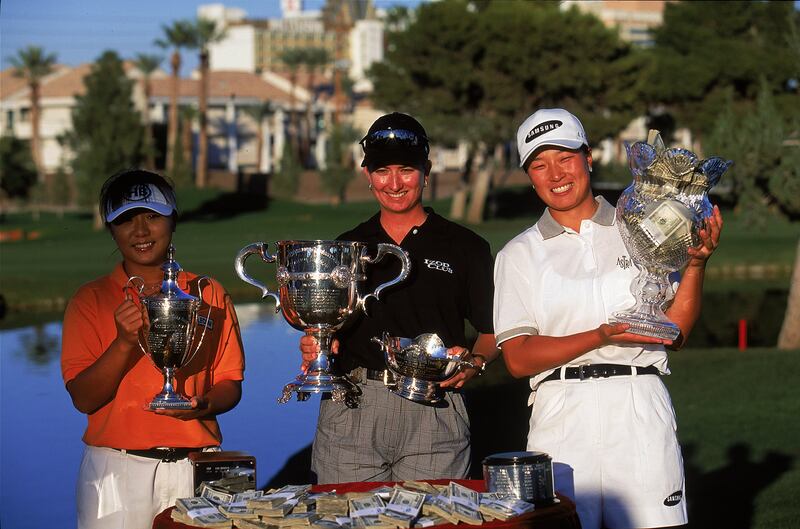 14 Nov 1999: Mi Hyun Kim, Karrie Webb, and Se Ri Pak hold up their trophies after the LPGA Pagenet Championships at the Desert Inn in Las Vegas, Nevada. Mandatory Credit: Donald Miralle/Allsport