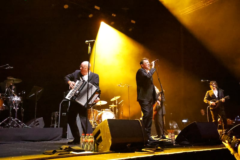 James Fearnley and Spider Stacy perform on stage. Photograph: Nick Bradshaw