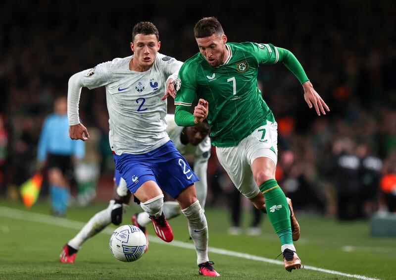 France's Benjamin Pavard with Matt Doherty of Ireland. Photograph: Ryan Byrne/Inpho