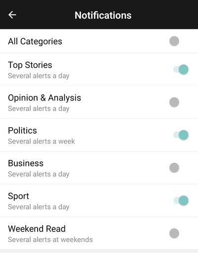 Select from a range of push alerts in the app preference centre, by pressing 'MyTimes' and 'Notifications'