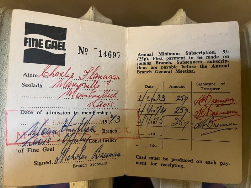 Charlie Flanagan's original Fine Gael membership card from 1973. 