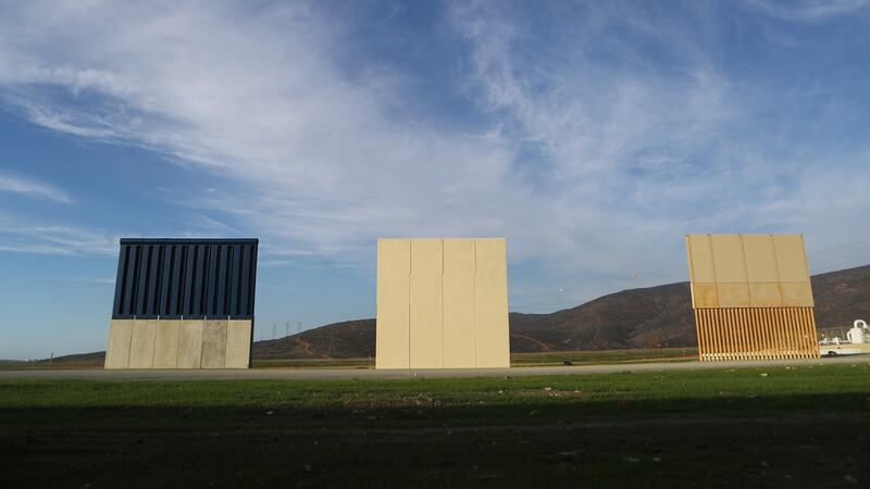 President Trump’s border wall prototypes are displayed on the US side of the US-Mexico border, as seen from Tijuana, Mexico. Photograph: Mario Tama/Getty Images