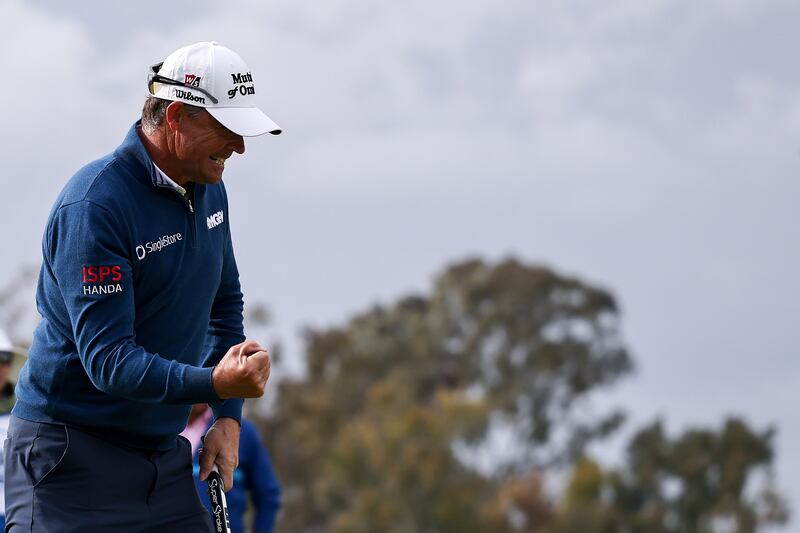 Pádraig Harrington reacts after making a birdie on the 18th hole to win the Hoag Classic at Newport Beach Country Club in Newport Beach, California. Photograph: Michael Owens/Getty Images