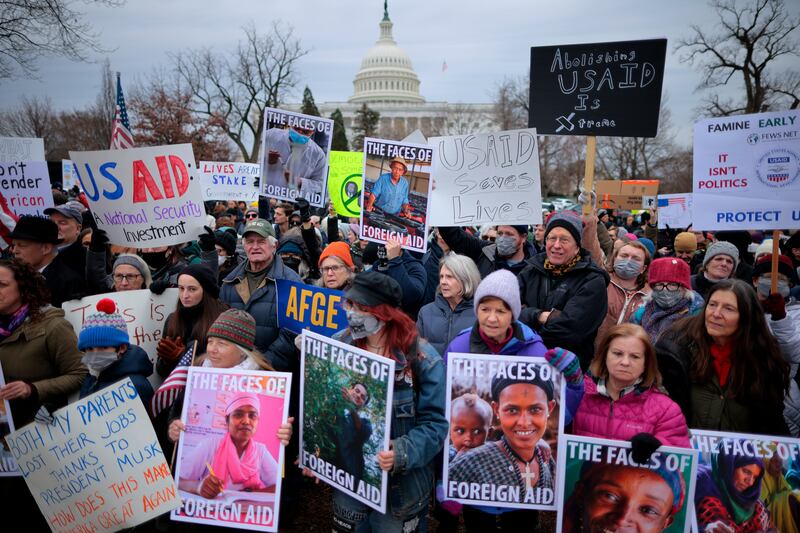 Supporters and employees of USAID, the US Agency for International Development, rally at the Capitol in protest against its suspension by the Trump administration. Photograph: Chip Somodevilla/Getty