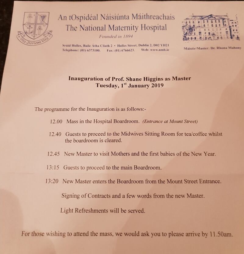 An invitation to the service marking the inauguration of the new Master of the National Maternity Hospital