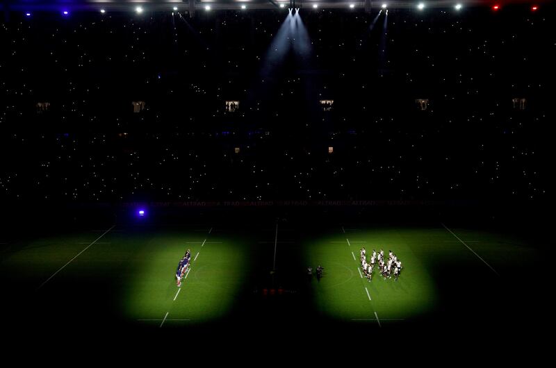 The All Blacks perform the haka before their clash with France at the Stade de France. Photograph: Dave Winter/Inpho
