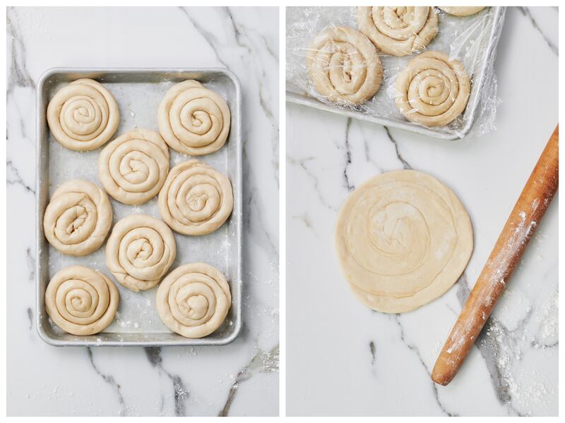 The stretched dough gets shaped into spirals. Each portion is rolled out in flat rounds to be cooked off. Photograph: Kelly Marshall for The New York Times