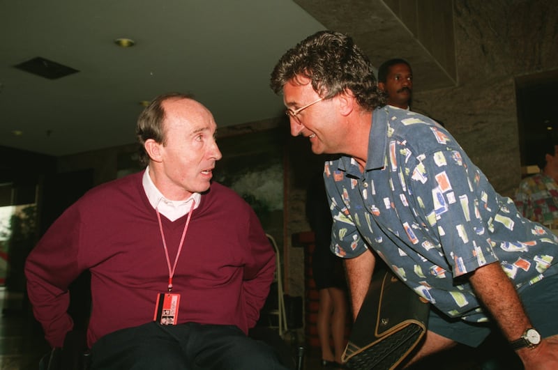 Team bosses Frank Williams (Williams Renault) and Eddie Jordan (Peugeot Jordan) ahead of the 1995 Brazilian GP. Photograph: Mike Hewitt/ALLSPORT