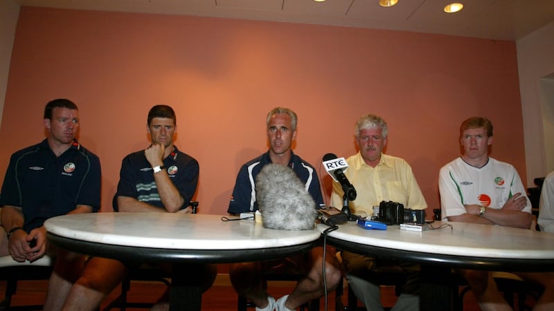 Alan Kelly, Niall Quinn, manager Mick McCarthy, FAI general secretary Brendan Menton and Steve Staunton at a press conference in Saipan on May 23rd to announce that Roy Keane was leaving the World Cup squad, 2002. Photograph: Andrew Paton/Inpho