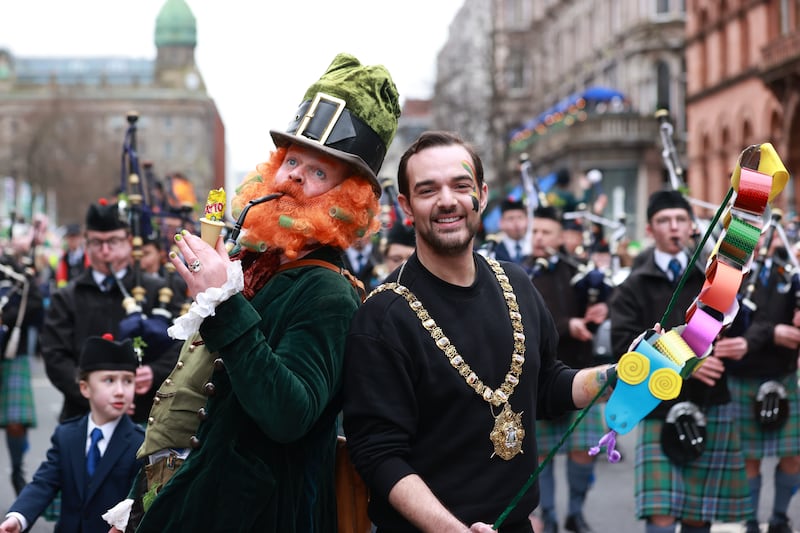 Lord Mayor of Belfast Micky Murray taking part in the St Patrick's Day parade in Belfast. Photograph: Liam McBurney/PA Wire