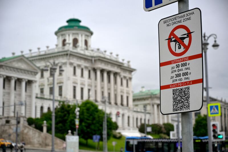 A sign in central Moscow warns of the prohibition on flying drones in the area. Photograph: Natalia Kolesnikova/AFP