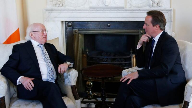 President Michael D Higgins (left) talks with British prime minster David Camer  in 10 Downing Street today as part of his state visit to the UK. Photograph: PA