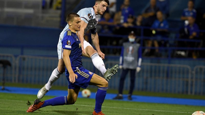 West Ham United’s Declan Rice scores their second goal in the Europa League game against Dinamo Zagreb at Maksimir Stadium. Photograph: Denis Lovrovic/AFP via Getty Images