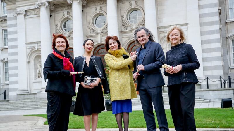 Minister for Culture (centre) Josepha Madigan with leading architect of Grafton Architects Shelley McNamara, actor Ruth Negga, musician Martin Hayes and leading architect of Grafton Architects, Yvonne Farrell. Photograph: Maxwell Photography