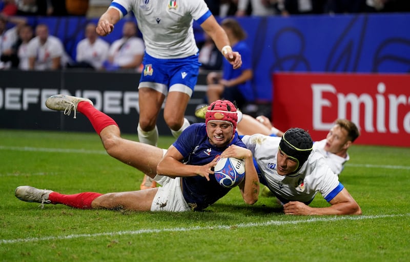 France's Louis Bielle Biarrey scoring a try against  Italy during the  World Cup 2023 in Lyon, France. Photograph: Adam Davy/PA Wire