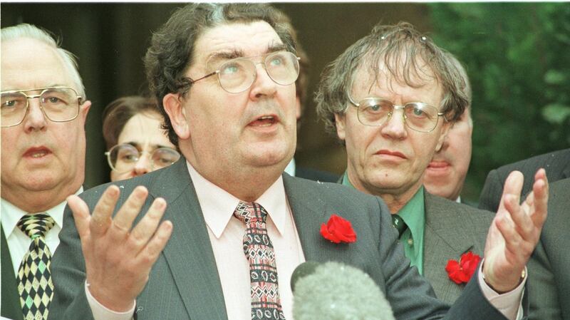 John Hume speaking at the conclusion of the Good Friday Agreement talks in Stormont: the agreement allowed for something more consensual to emerge between Catholics and Protestants. Photograph: Alan Betson