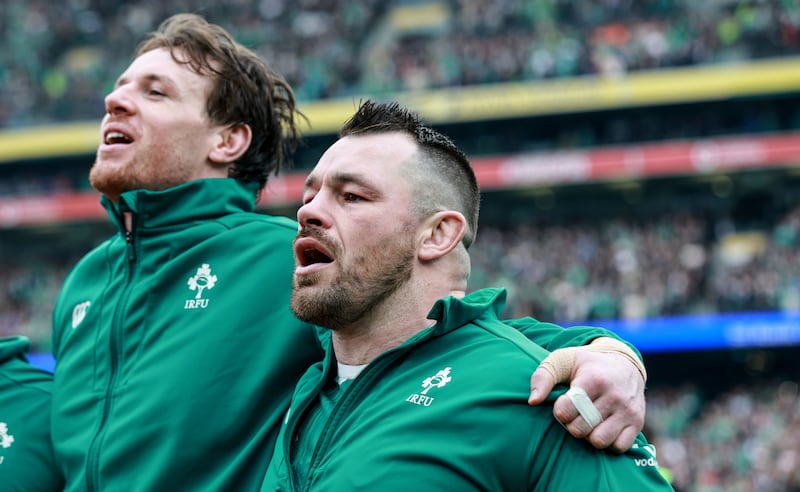 Cian Healy, with Ryan Baird alongside, stands for the last time for the national anthem at the Aviva Stadium. Photograph: Dan Sheridan/Inpho