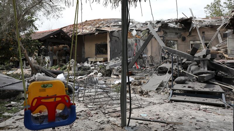 A damaged house that was hit by a missile in Moshav Mishmeret near Netanya, north of Tel Aviv on Monday. Photograph: Abir Sultan/EPA