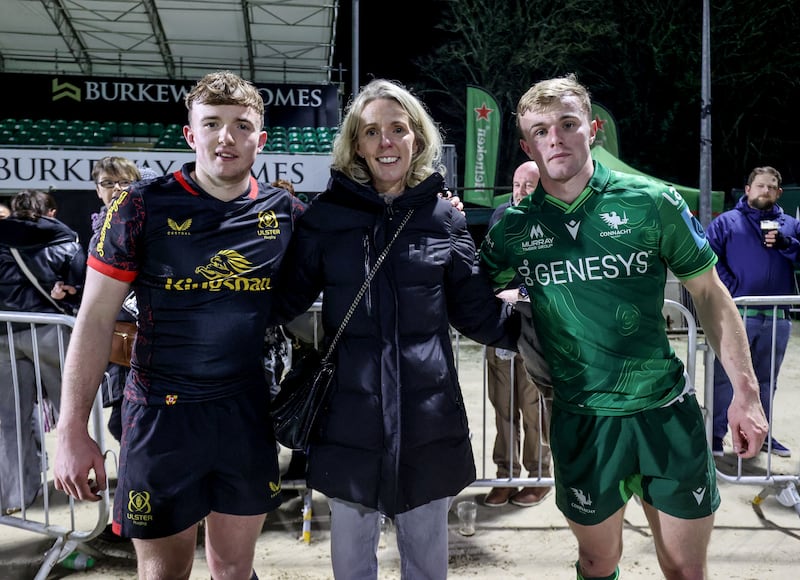 Ulster’s Jack Murphy and Connacht’s Ben Murphy with their mother Stephanie after the game. Photograph: Dan Sheridan/Inpho