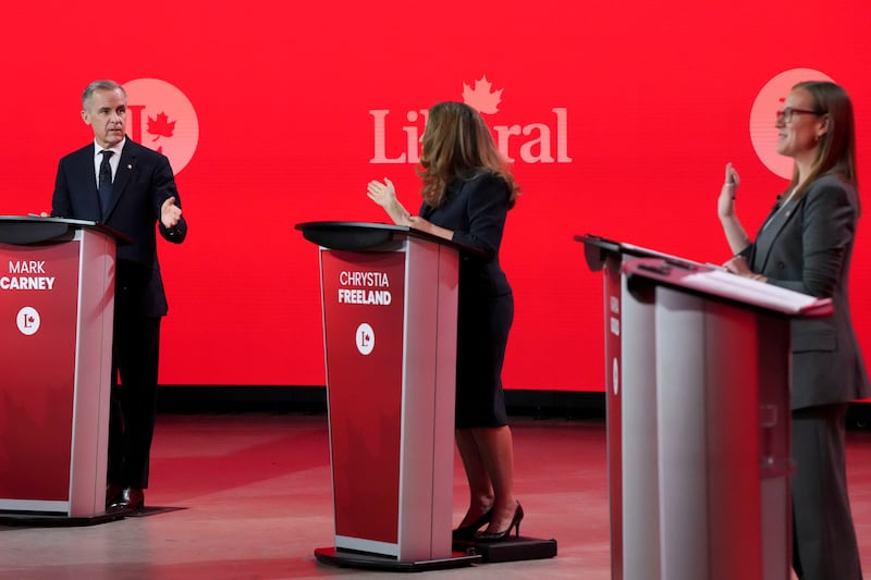 Liberal Party leadership candidates Mark Carney, Chrystia Freeland and Karina Gould take part in a TV debate in Montreal this week. Photograph: Christinne Muschi/Canadian Press/Bloomberg