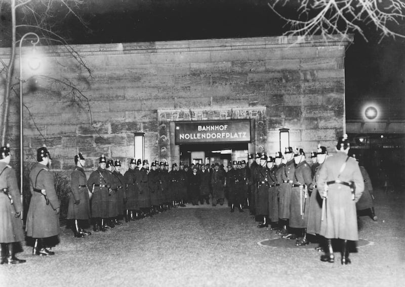 Riot police stand by at Nollendorfplatz in Berlin on December 6th, 1930 to protect a performance of the film All Quiet on the Western Front from disruption by Nazis. Photograph: Ullstein Bild via Getty Images