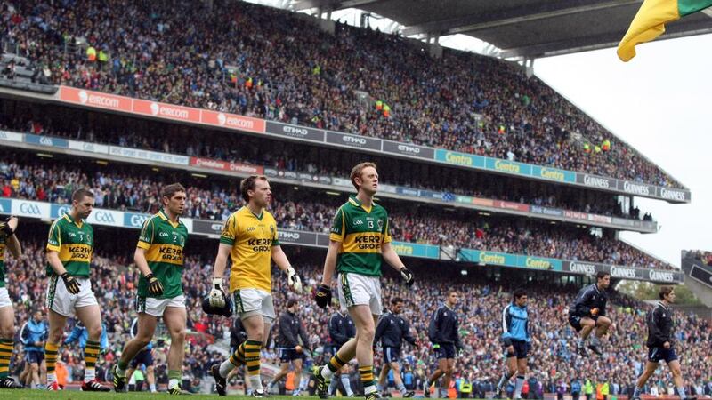 The Dublin and Kerry teams parade before the 2011 All-Ireland football final, which Dublin went on to win with a late flurry of scores. Many Kerry players will be keen to avenge that defeat. Photograph: Cathal Noonan/Inpho