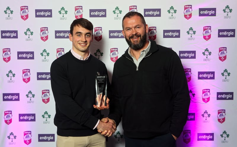 Ireland  head coach Andy Farrell presents the Energia All-Ireland League Men's Division 1A Player Of The Year award to Terenure College's Caolan Dooley (Terenure College RFC) at Old Wesley RFC. Photograph: Ryan Byrne/Inpho 