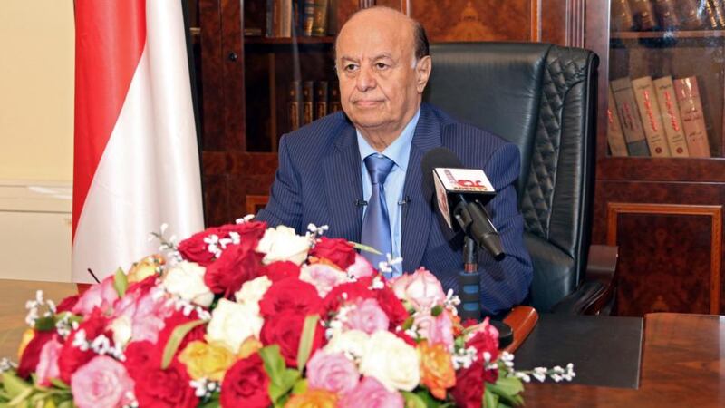 Yemeni president Abdo Rabbo Mansour Hadi delivers a speech a day after suicide attacks targeted two Houthi mosques, in the southern port city of Aden. Photograph: EPA