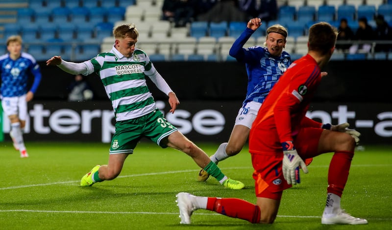 Michael Noonan scores on his Shamrock Rovers debut against Molde. Photograph: Ryan Byrne/Inpho