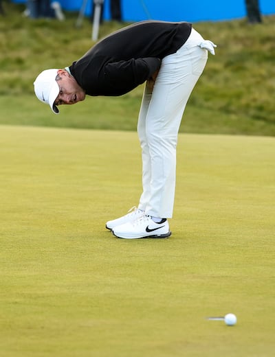 Rory McIlroy reacts after missing an eagle chance to tie the lead on the 18th at the Irish Open. Photograph: Ben Brady/Inpho